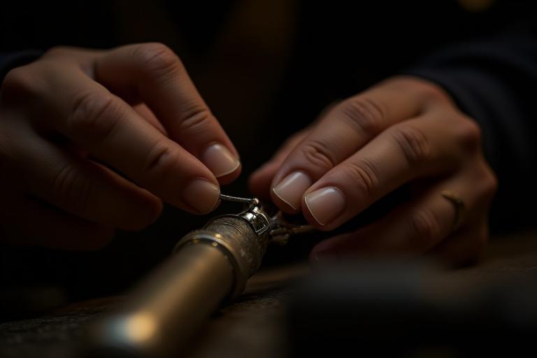 Close-up of a craftsman's hands meticulously working on a delicate metal lighting component, showcasing attention to detail and traditional techniques.
