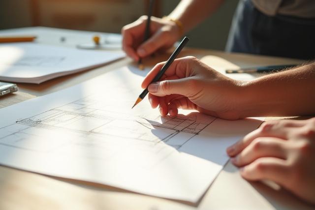 Close-up of a designer's hands sketching a new lighting fixture design on paper with a pencil in a sunlit studio.