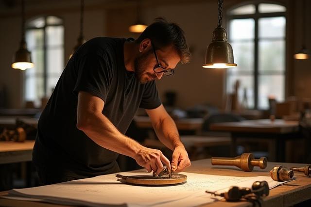 Artisan working in an expanded, well-lit Mulbust workshop, creating metal lighting fixtures with traditional tools.