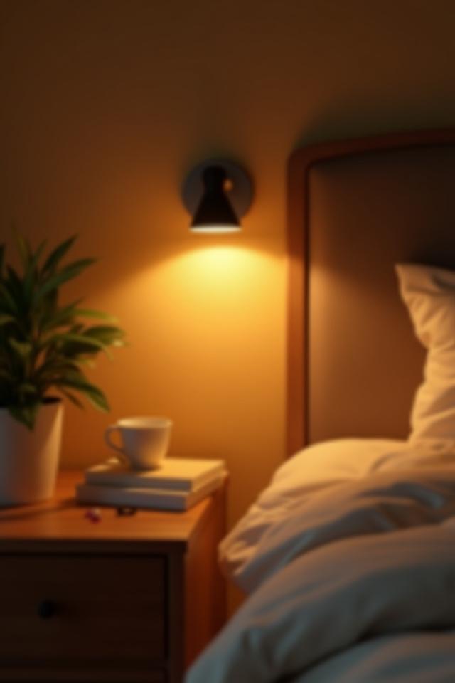Cozy bedroom with warm, soft lighting from a bedside sconce.