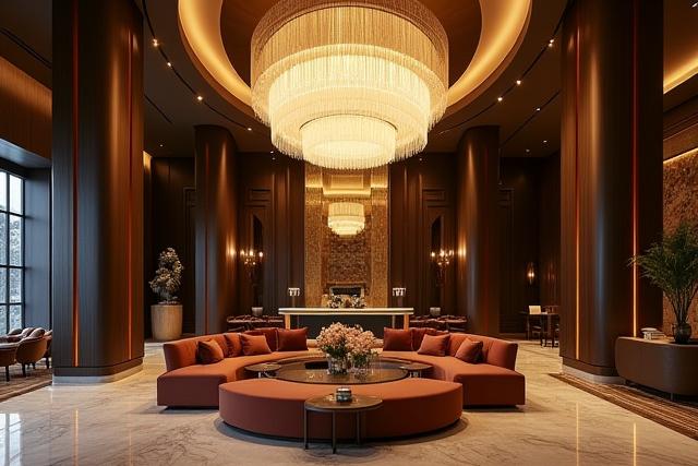 Luxurious hotel lobby with a grand, custom lighting fixture making a statement.