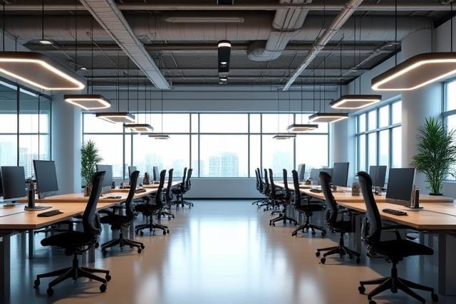 Modern office space illuminated by elegant linear suspension lights.