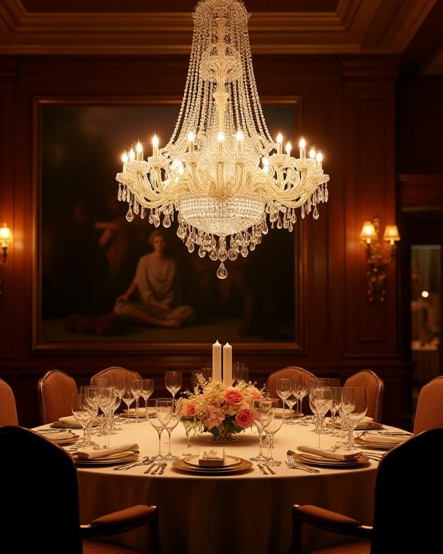 Opulent dining room with a magnificent crystal chandelier as the centerpiece.