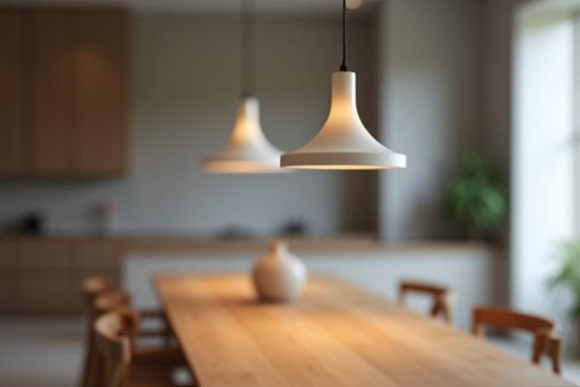 Sleek minimalist pendant lights above a modern dining table.