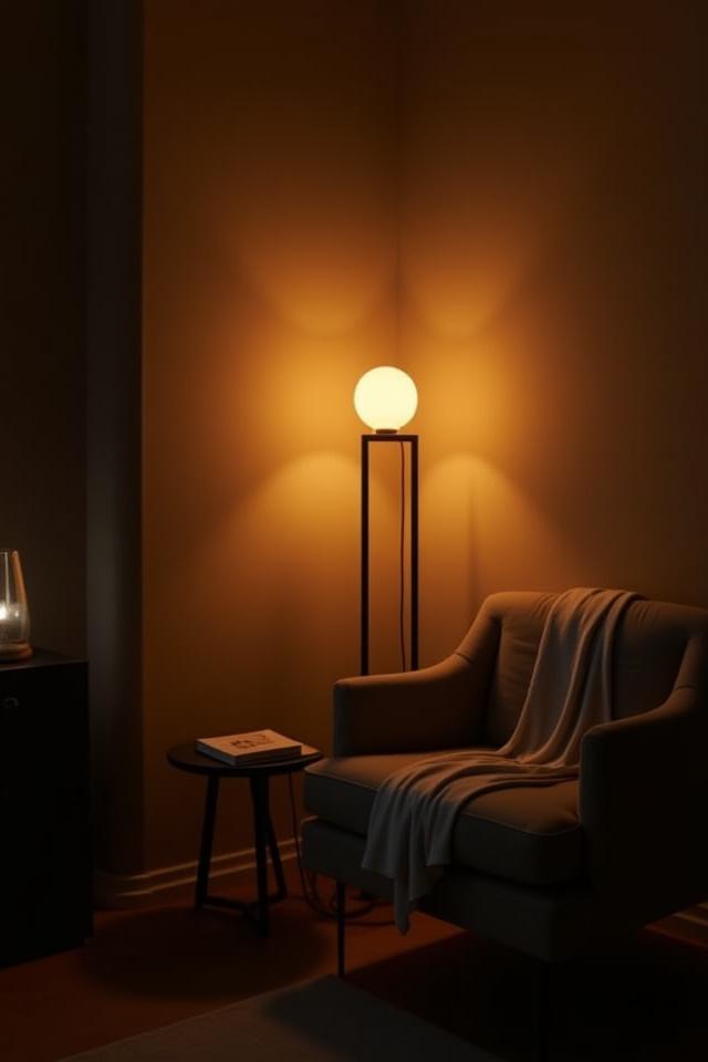 Warm and inviting living room with a unique floor lamp creating a cozy corner.