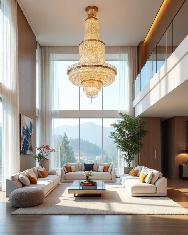 Grand chandelier in a luxurious living room with high ceilings and natural light.