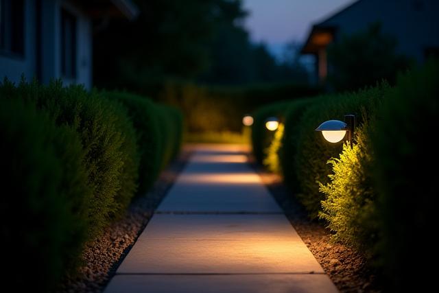 Contemporary outdoor pathway lighting illuminating a garden at dusk.