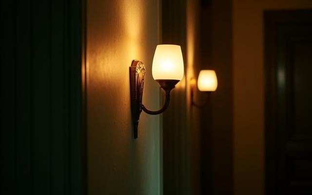 Artistic wall sconce illuminating a corridor