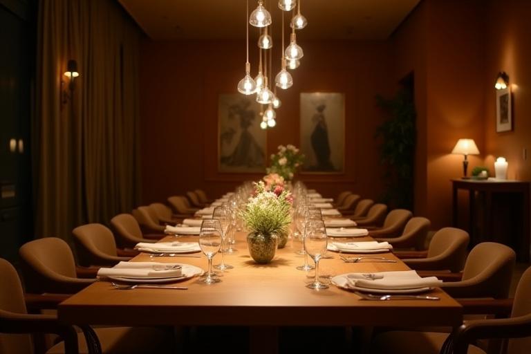 Dining area with elegant pendant lights creating an inviting ambiance